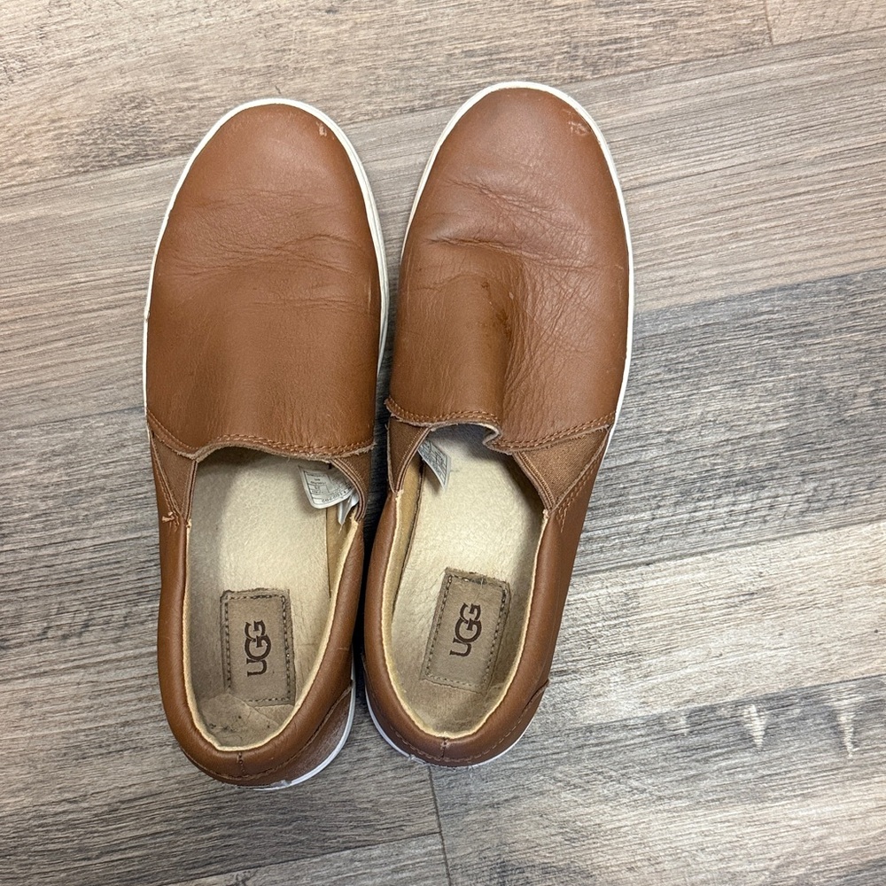 UGG Women's Brown Leather Slip-On Loafers with White Sole